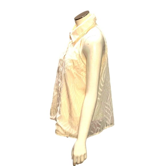 CCC Sheer Beige White Sleeveless Halter Blouse Leaf Pattern Button Up Front Med - Picture 2 of 8